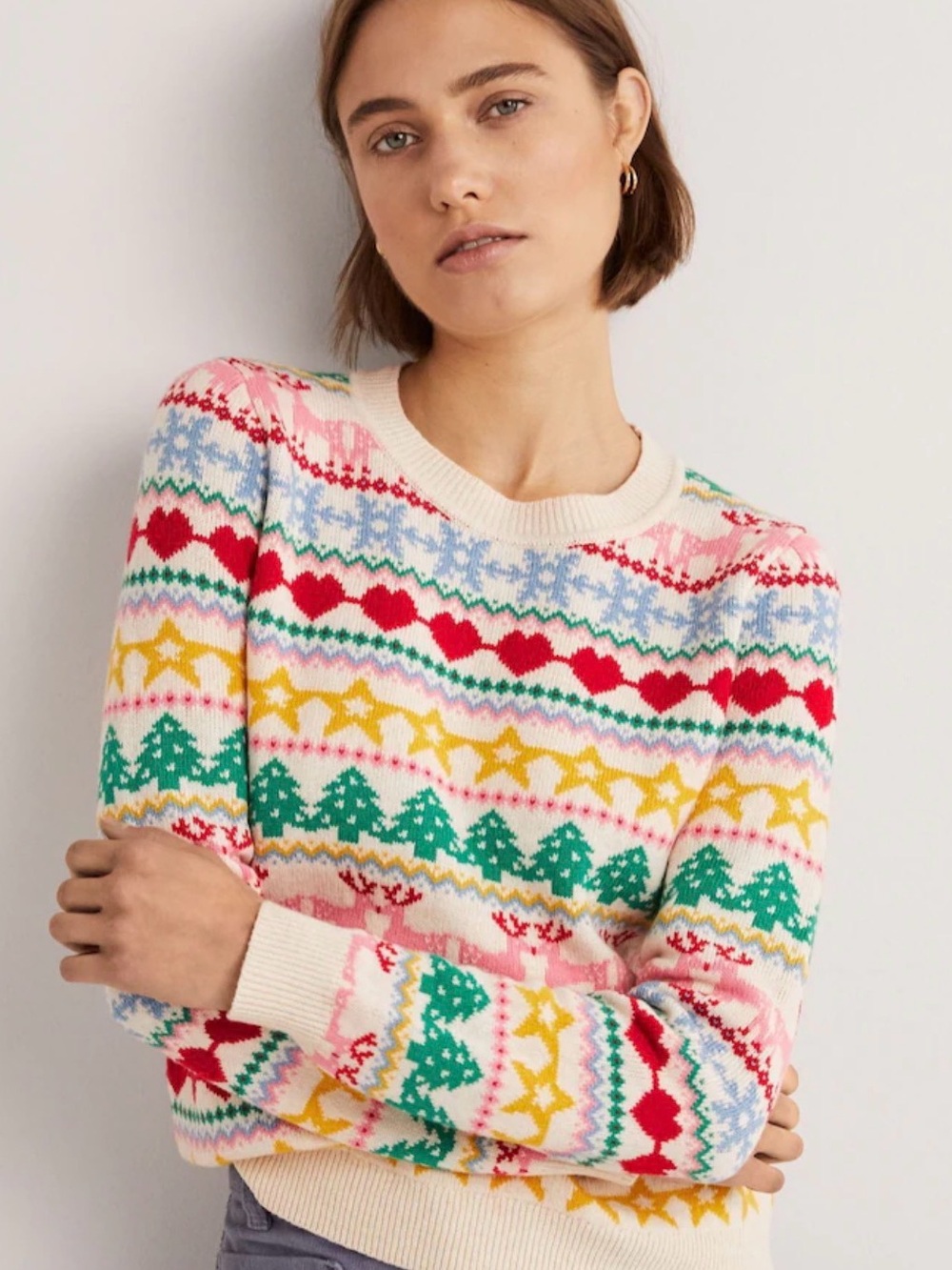 Boden Christmas Fair Isle Sweater XL Reindeer Hearts Wool Blend